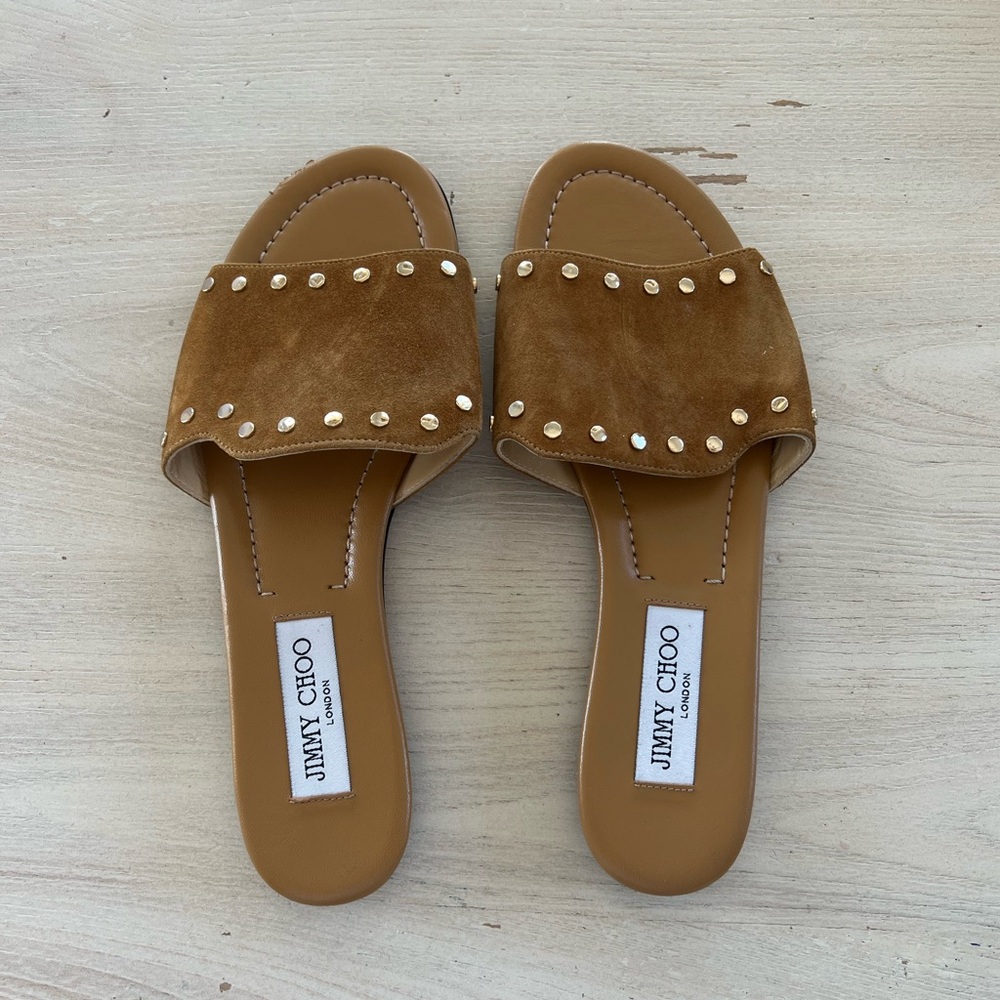 Jimmy Choo Nanda Sandal Brown Suede Studded Women Slides Flat